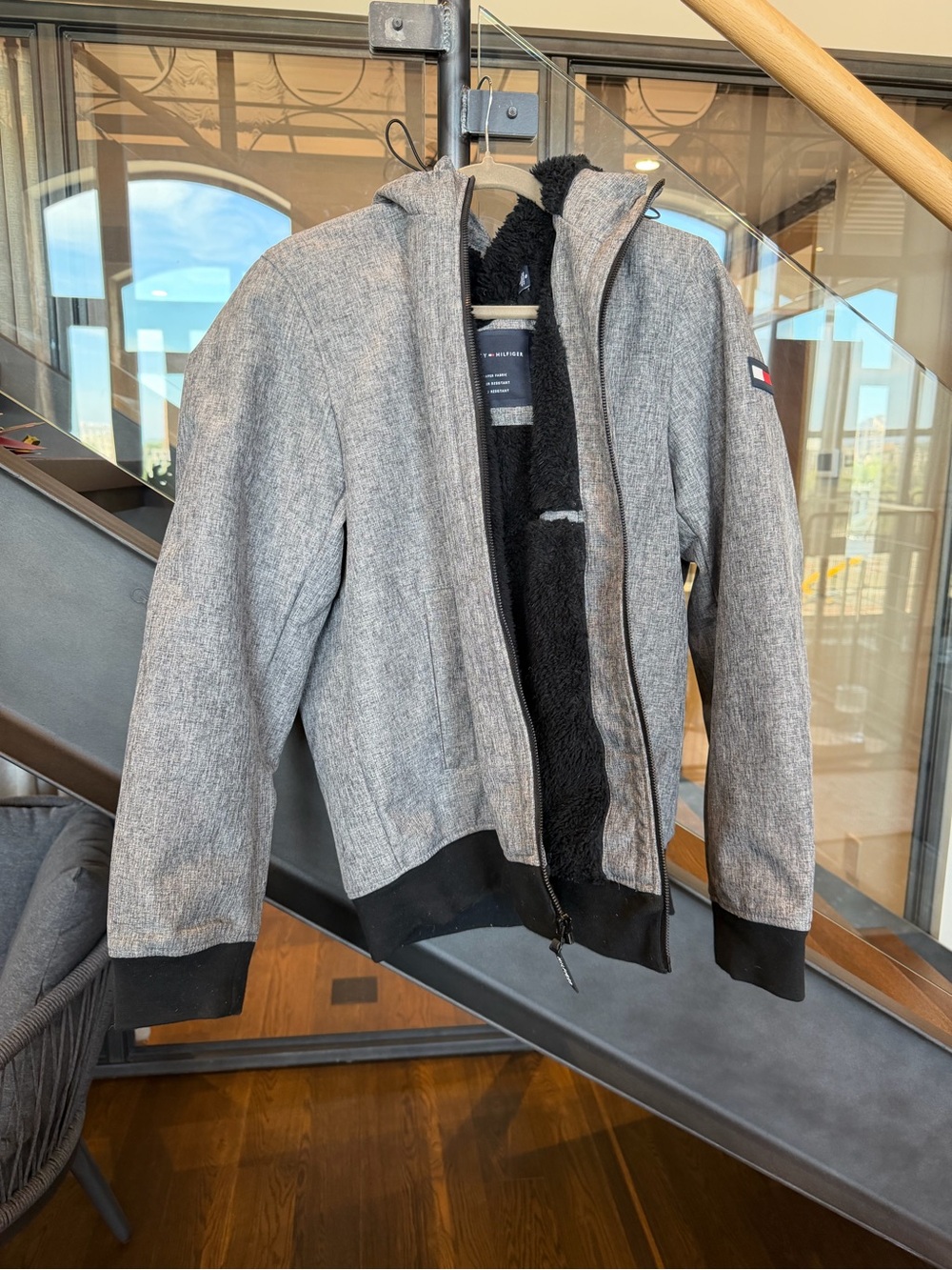 Tommy Hilfiger Gray Hooded Zip-Up Jacket with Black Sherpa Lining